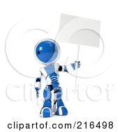 Poster, Art Print Of 3d Blue And White Ao-Maru Robot Holding Up A Blank Sign On A Pole On A White Background