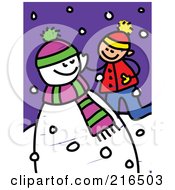 Poster, Art Print Of Childs Sketch Of A Boy Playing By A Snowman