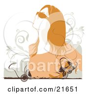 Clipart Picture Illustration Of A Redhead Woman Wearing Shades Looking Up At The Sun Over A Scroll Background On White