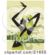 Poster, Art Print Of Dancing Woman In Silhouette Dressed In Green With Green Hair Wearing Headphones