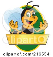 Poster, Art Print Of Worker Bee Character Logo Mascot Over A Blank Banner On A Green Oval