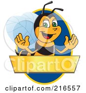 Poster, Art Print Of Worker Bee Character Logo Mascot Over A Blank Banner On A Blue Oval