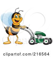 Worker Bee Character Mascot Using A Lawn Mower