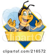 Poster, Art Print Of Worker Bee Character Logo Mascot Over A Blank Banner On A Blue Diamond