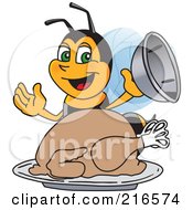Worker Bee Character Mascot Serving A Thanksgiving Turkey