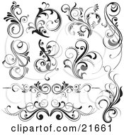 Clipart Picture Illustration Of A Collection Of 10 Floral Vines And Flourishes In Black And White by OnFocusMedia #COLLC21661-0049