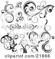 Clipart Picture Illustration Of A Collection Of Plants With Scrolling Vines And Leaves In Black And White