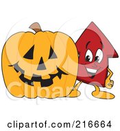 Red Up Arrow Character Mascot With A Halloween Pumpkin
