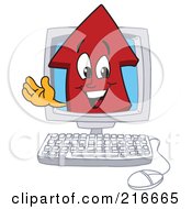 Red Up Arrow Character Mascot In A Computer