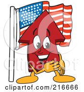 Poster, Art Print Of Red Up Arrow Character Mascot With An American Flag