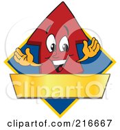 Royalty Free RF Clipart Illustration Of A Red Up Arrow Character Logo Mascot Above A Blank Gold Banner On A Blue Diamond by Toons4Biz