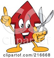 Red Up Arrow Character Mascot Holding Scissors