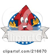 Royalty Free RF Clipart Illustration Of A Red Up Arrow Character Mascot On An American Logo With A Blank Banner by Toons4Biz