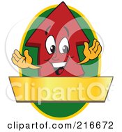 Royalty Free RF Clipart Illustration Of A Red Up Arrow Character Logo Mascot Above A Blank Gold Banner On A Green Oval by Toons4Biz