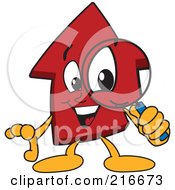 Red Up Arrow Character Mascot Using A Magnifying Glass