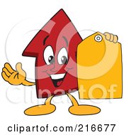 Poster, Art Print Of Red Up Arrow Character Mascot Holding A Yellow Tag