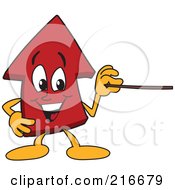 Red Up Arrow Character Mascot Holding A Pointer Stick