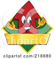 Royalty Free RF Clipart Illustration Of A Red Up Arrow Character Logo Mascot Above A Blank Gold Banner On A Green Diamond by Toons4Biz