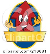 Red Up Arrow Character Logo Mascot Above A Blank Gold Banner On A Blue Oval
