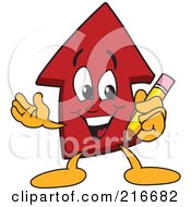 Red Up Arrow Character Mascot Holding A Pencil