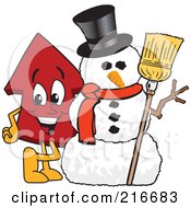 Red Up Arrow Character Mascot By A Snowman