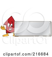 Red Up Arrow Character Mascot With A Blank Silver Plaque Sign Or Logo
