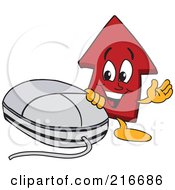 Poster, Art Print Of Red Up Arrow Character Mascot By A Computer Mouse