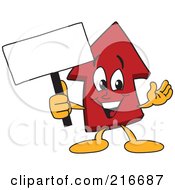 Red Up Arrow Character Mascot Holding A Small Blank Sign