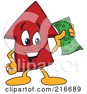 Red Up Arrow Character Mascot Holding Cash