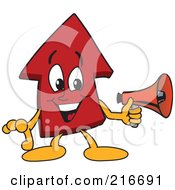 Red Up Arrow Character Mascot Holding A Megaphone