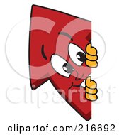 Red Up Arrow Character Mascot Looking Around A Blank Sign Board
