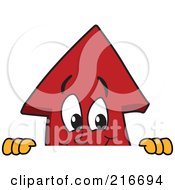 Royalty Free RF Clipart Illustration Of A Red Up Arrow Character Mascot Looking Over A Blank Sign Board by Toons4Biz