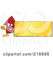 Royalty Free RF Clipart Illustration Of A Red Up Arrow Character Mascot With A Blank Gold Plaque Sign Or Logo by Toons4Biz