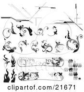 Poster, Art Print Of Collection Of Black And White Floral Accents Vines Elephants And Snowboards