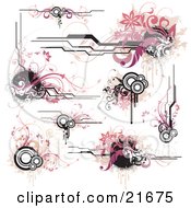 Clipart Picture Illustration Of A Collection Of Floral Banners Vines Corner Accents And Circles On A White Background