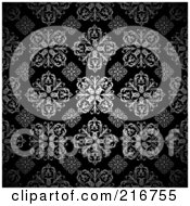 Royalty Free RF Clipart Illustration Of A Background Of Silver Floral Patterns On Black by michaeltravers