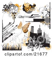 Clipart Picture Illustration Of A Collection Of Arrows Circles Flowers Vines Blank Banners Butterflies Grasses And Silhouetted City Buildings