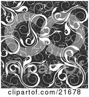 Clipart Picture Illustration Of A Floral Background Of White Vines Over Black by OnFocusMedia