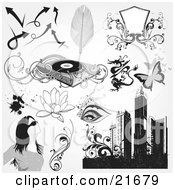 Poster, Art Print Of Collection Of Arrows Feathers Blank Shield Record Player Dragon Butterflies Eyes Lotus Flowers Splatters Woman Vines And Skyscrapers