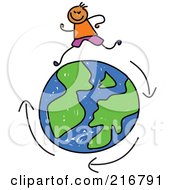 Poster, Art Print Of Childs Sketch Of A Boy Running Around A Globe