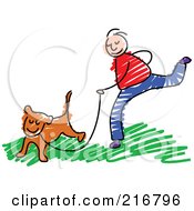 Poster, Art Print Of Childs Sketch Of A Boy Jogging With A Dog