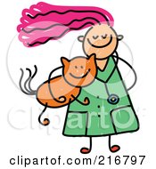 Poster, Art Print Of Childs Sketch Of A Veterinarian Girl Carrying A Cat