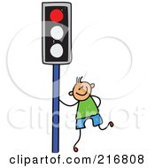 Childs Sketch Of A Boy By A Red Traffic Light