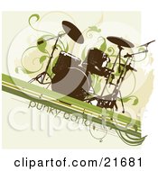 Poster, Art Print Of Grunge Drum Set Over A Beige Background With Green Lines And Vines