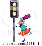 Childs Sketch Of A Girl By A Yellow Traffic Light