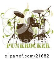 Silk Screened Drumset Over Green Vines On A White Background