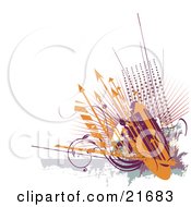 Poster, Art Print Of Background Of Orange Arrows Pointing Upwards Over Purple Sccrolling Vines And Dots On A White Background