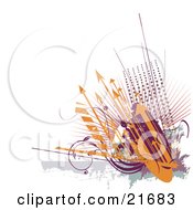 Clipart Picture Illustration Of A Background Of Orange Arrows Pointing Upwards Over Purple Sccrolling Vines And Dots On A White Background