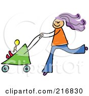Poster, Art Print Of Childs Sketch Of A Mom Pushing A Baby Stroller