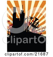 Poster, Art Print Of Retro Background Of Silhouetted City Buildings And A Trumpet With Vines Over Orange